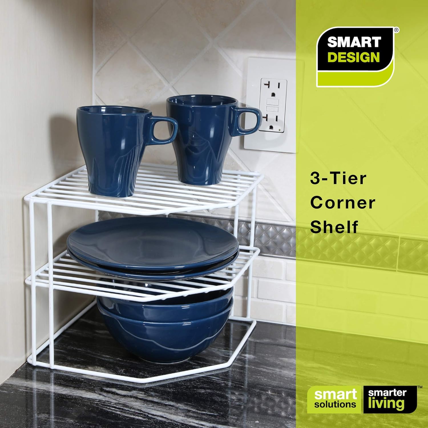 Smart Design 3-Tier Kitchen Corner Shelf Rack - Steel Metal Wire - Rust Resistant - Plates, Dishes, Cabinet & Pantry Organizer - Kitchen Organization (9 x 8 Inch) [White]: Food Savers: Kitchen & Dining
