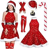 SOMSOC 6 Pack Women Santa Claus Costume Sparkly Red Sequin Halter Dress with Belt Hat Socks for Christmas Parties (S-XXL)