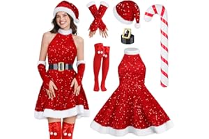 SOMSOC 6 Pack Women Santa Claus Costume Sparkly Red Sequin Halter Dress with Belt Hat Socks for Christmas Parties (S-XXL)