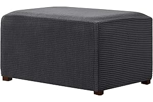 CHUN YI Stretch Ottoman Slipcover Rectangle Storage Stool Cover with Elastic Bottom, Checks Spandex Jacquard Fabric (X-Large, Gray)