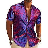 Barry.Wang Men's Silk Shirts Short Sleeve Western Designer Button Down Paisley Shirt Casual Beach Summer Party Mexico
