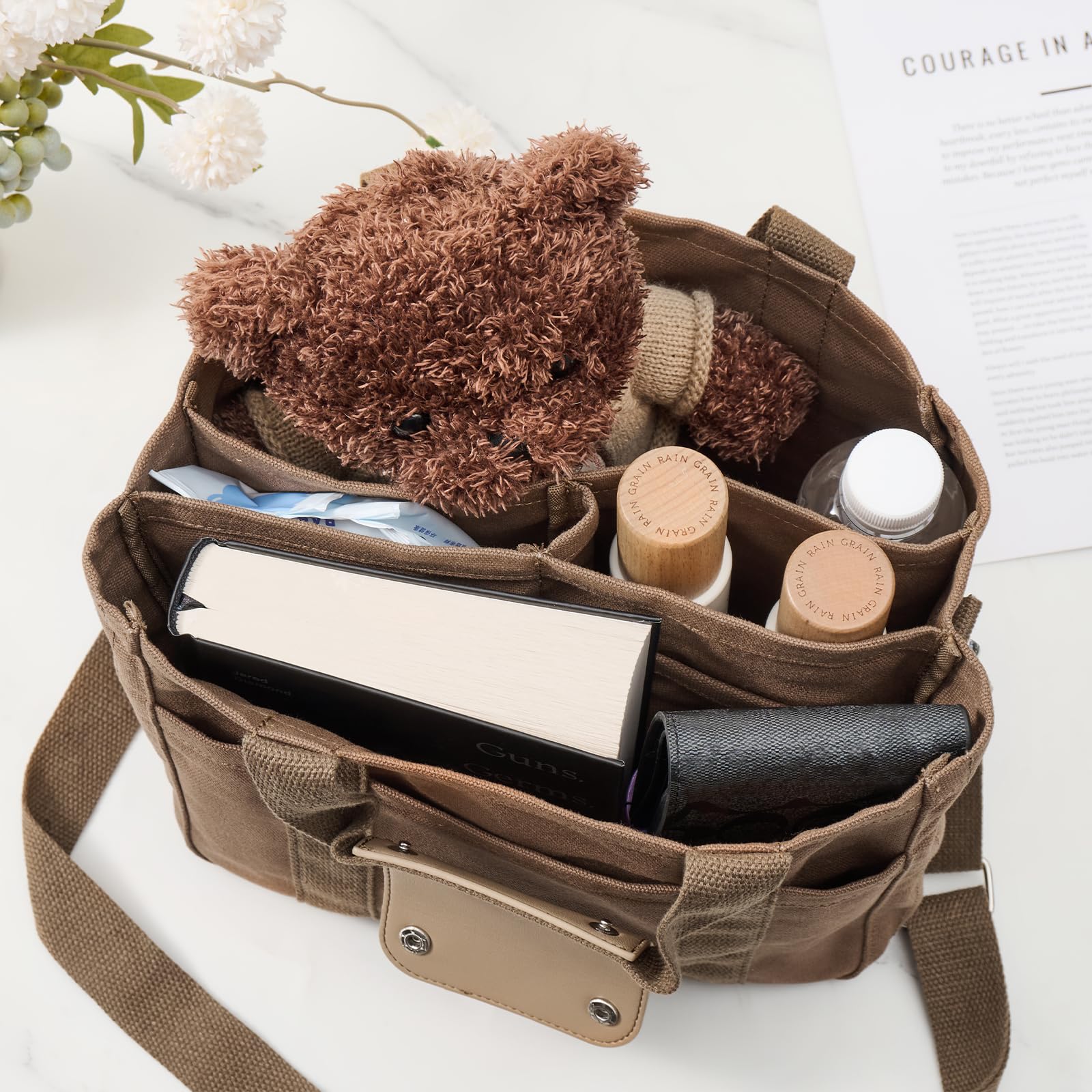 Multi Pocket Tote Bag for Women Canvas Bag with Handle Bag Large Cpacity Purse Reusable Handbag