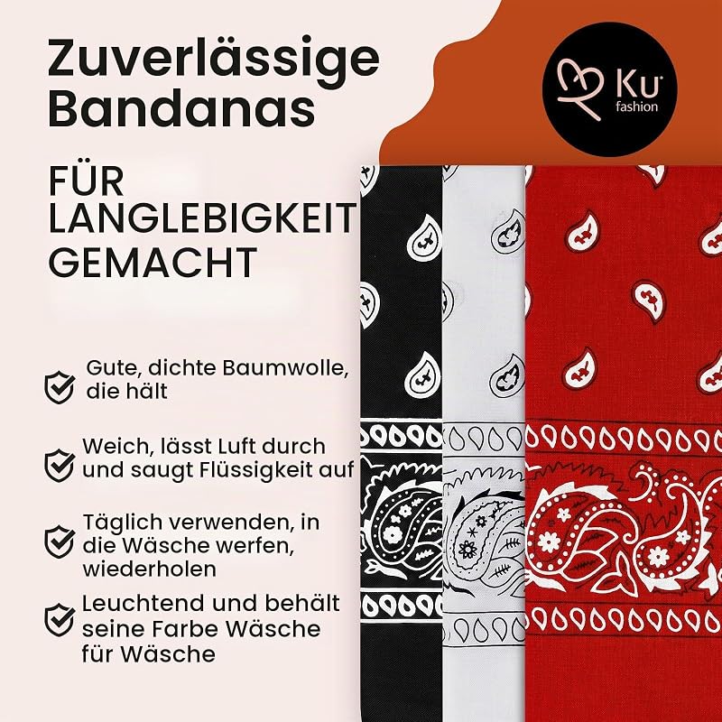 3 Stück 100% Baumwoll Bandanas - Paisley Bandana Damen Herren Kopftuch Tuch in Rot Schwarz Weiß für Mundschutz, Sport, Schweißband, Sonnenschutz, Haaraccessoire, Alltag, Reisen — Foto 5 von 7