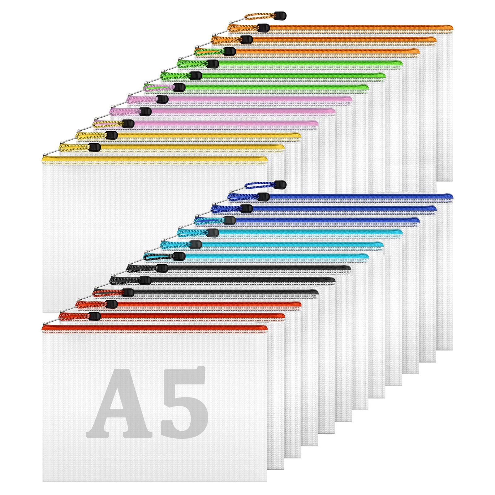 Flow fire A5 Plastic Zip Wallets, 24 Pcs Mesh A5 Zipper File Folders Lock Bags, Waterproof Document Storage Pouch for School Office Travel Receipts Storage