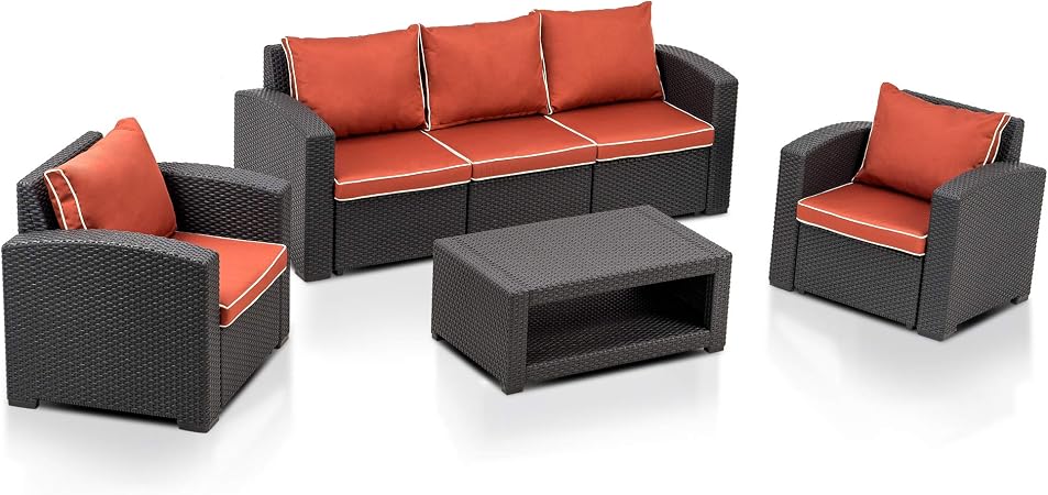 Amazon Com Mcombo 6pcs Patio Furniture Set All Weather Outdoor Sectional Sofa Rattan Pattern Patio Conversation Set W Seat Cushions 6050 700 Red Garden Outdoor