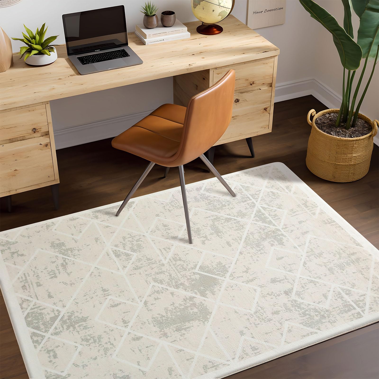 Leesentec Rugs Living Room Bedroom Rug Modern Short Pile Rugs Bohemian Carpet Abstract Geometric Straight Line Pattern Carpets Non-slip Large Rug (Ivory/Green White, 80 x 120 cm)