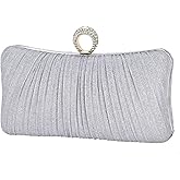 Womens Golden Glitter Clutch Purse Pleated Evening Bag for Bridal Wedding Party with Rhinestone Ring