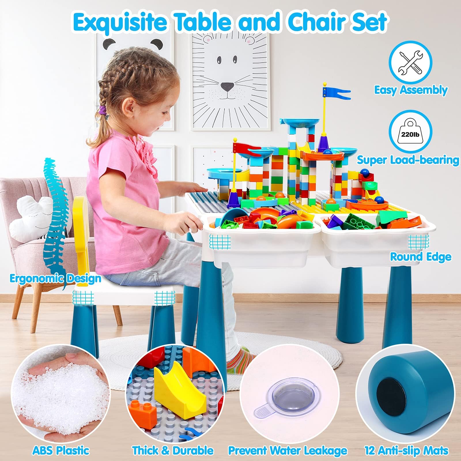 Kids Activity Table Toddlers Kids Table and Chair Set with 152Pcs Large Marble Run Building Blocks All in One Kids Play Water Tables Sand Tables, STEM Toys for Boys Girls 3 4 5 6 Year Old