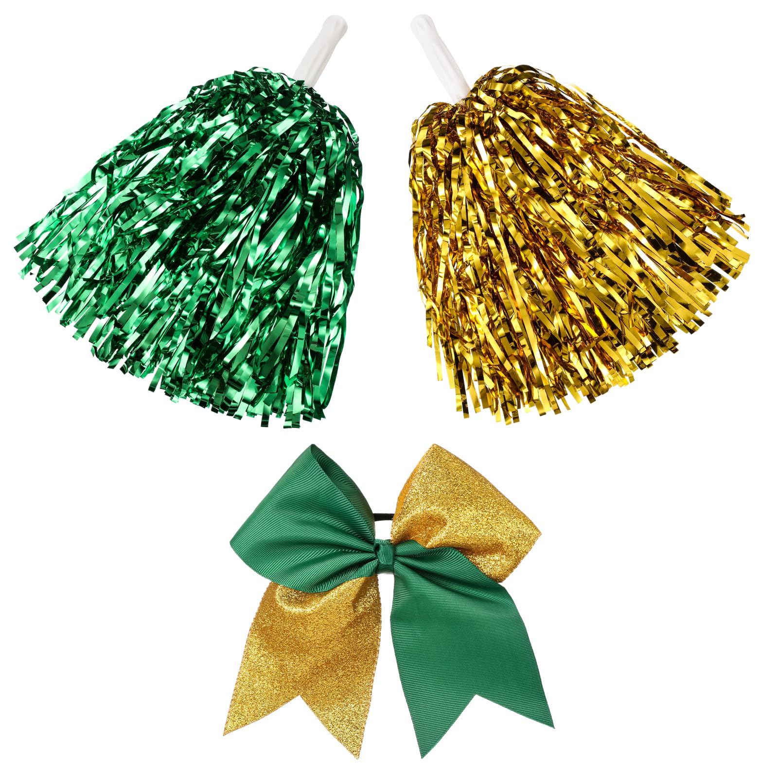 Photo 1 of Hanaive 3 Pcs Plastic Cheerleading Pom Poms and Large Cheerleader Hair Bow Metallic Foil Cheer Supplies for Dance Squad Rooters Accessories(Green Gold,Classic)