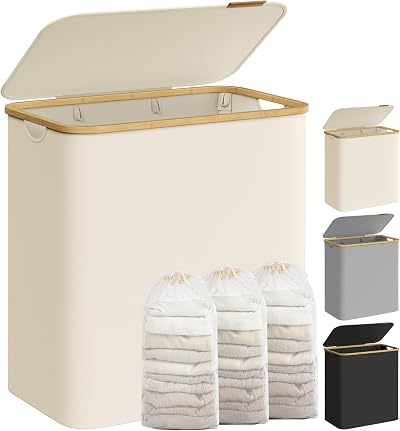 SONGMICS 150L Laundry Basket with Lid 3-Section Collapsible Cream White