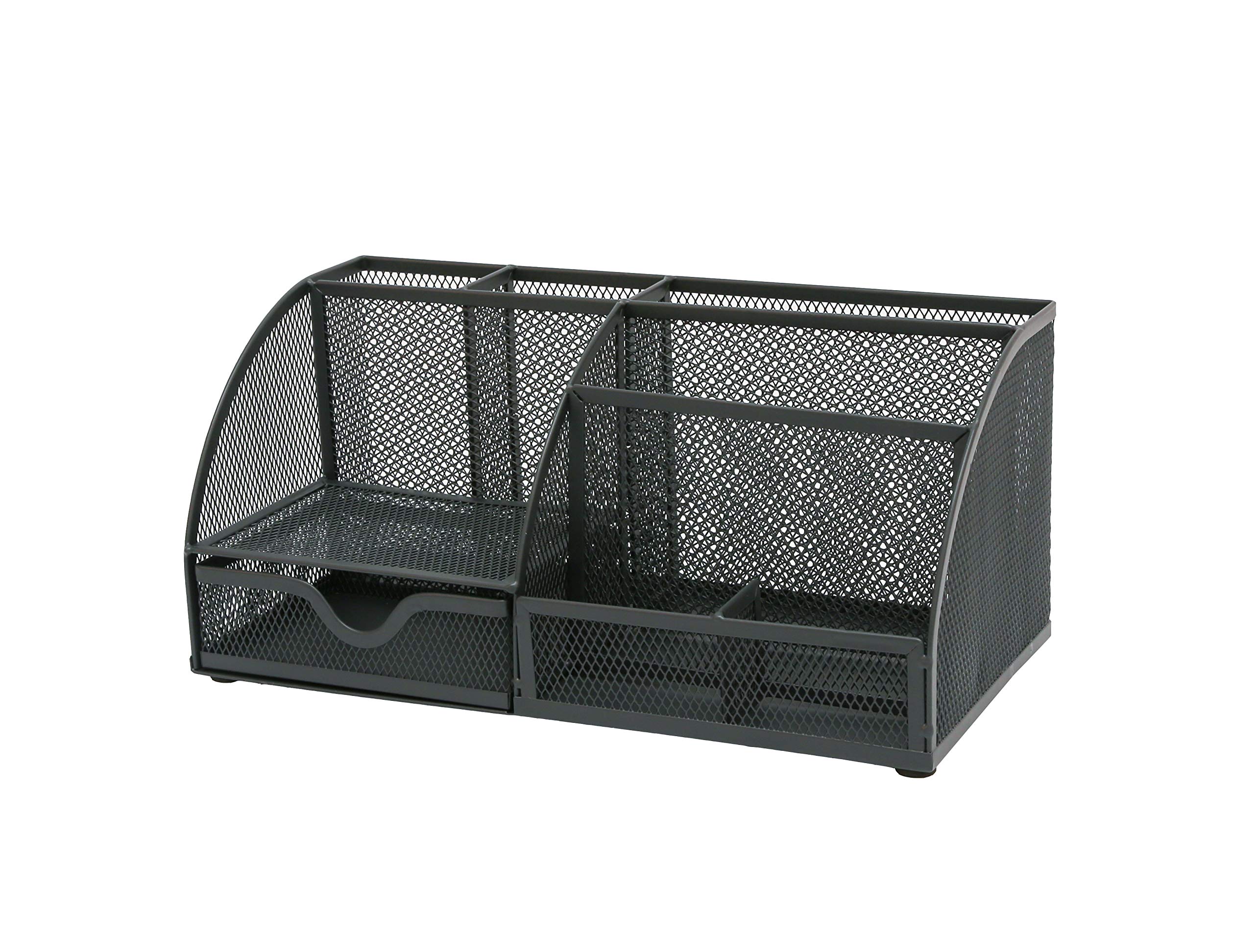 Osco Large Wiremesh Desk Organiser, Metal Mesh Pen Pot Desk Tidy with 7 Compartments & Single Drawer, Desktop Stationery Storage for Office & Home, Graphite
