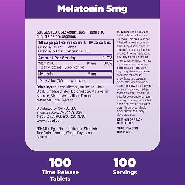 NATROL MELATONIN 5 MG TIME RELEASE, DIETARY SUPPLEMENT TO MINIMIZE WAKE UPS, NIGHTTIME SLEEP AID, 100 TABLETS, UP TO A 100 DAY SUPPLY