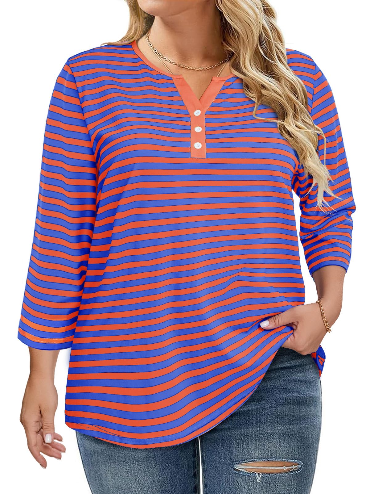 Photo 1 of **NEEDS TO BE WASHED**
 Beautife Womens Plus Size Striped Tops 3/4 Sleeve Button Up Henley Shirts Casual Loose Fit Tunic Blouse Orange Blue
