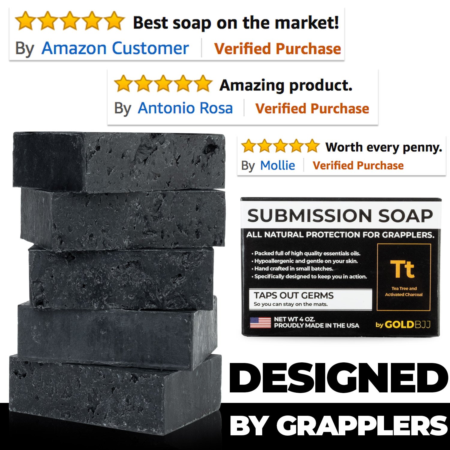 Premium Tea Tree Oil Soap - With Activated Charcoal! 100% All Natural USA Made Bars for BJJ, Jiu Jitsu, Wrestling (2-Pack of 4 Ounce Soap Bars) : Beauty