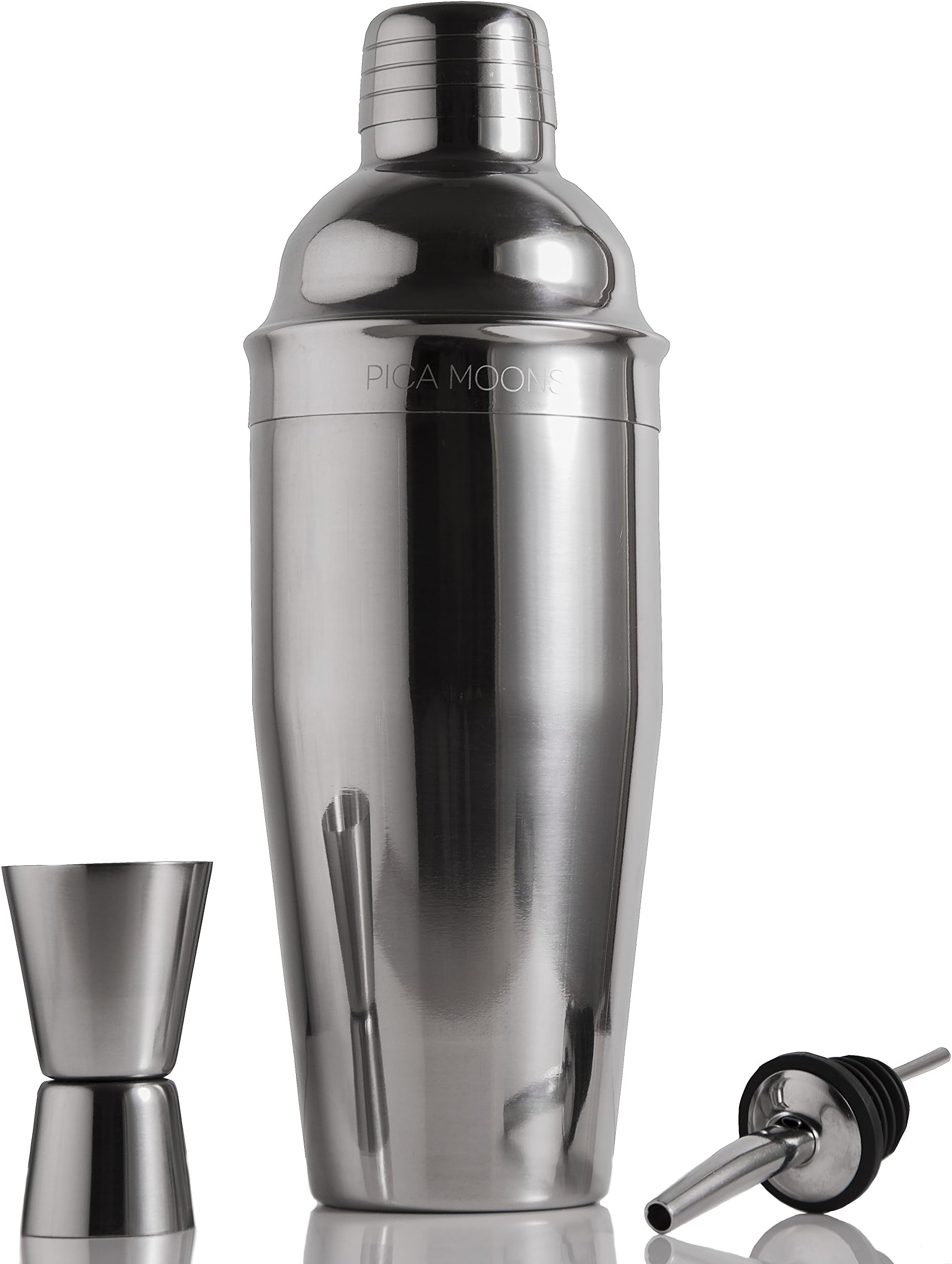 Cocktail Shaker Set by Pica Moons | Premium 750ml Stainless Steel Shaker with Built-in Strainer | 15/30ml Double Jigger | Pourer + FREE Recipe 'Ebook' Included