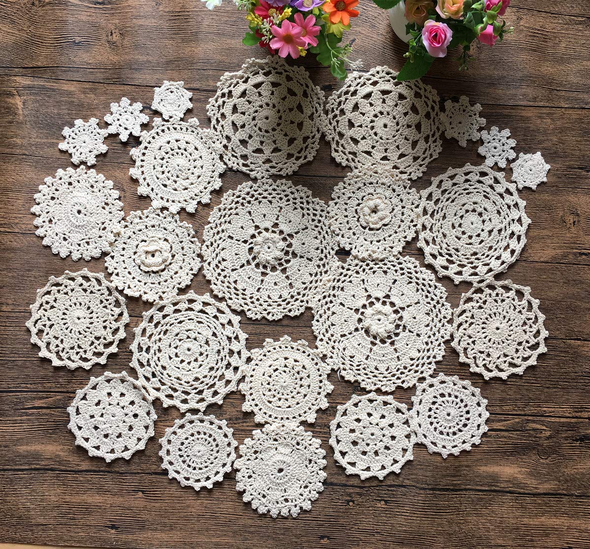 MINDPLUS Set of 24 Hand Crochet Doilies Cotton Lace Placemat Mini Doilies 2-7 Inch Round Beige Vintage Wedding Tea Party (24pcs Beige)