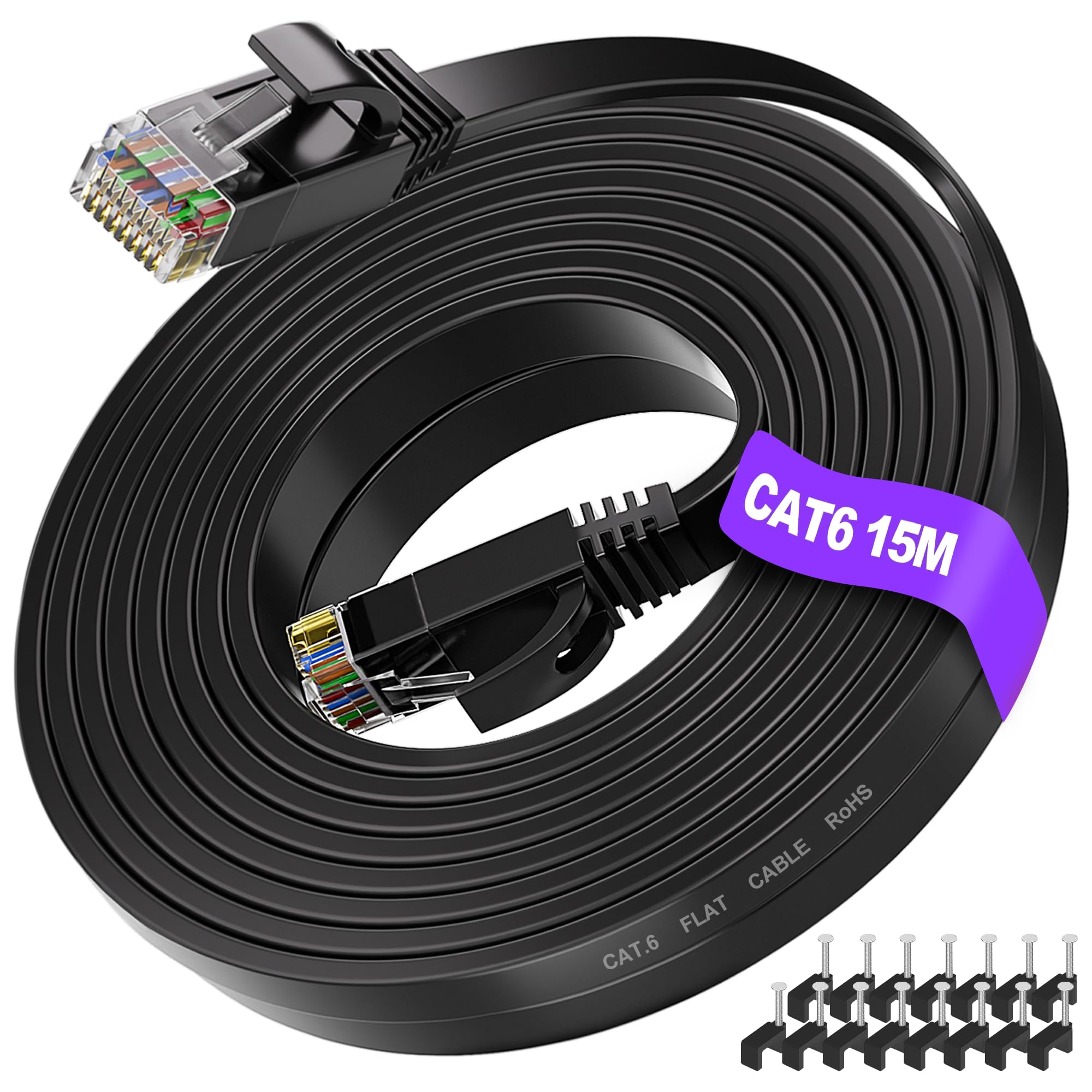 ikbc Ethernet Cable 15m, Cat 6 Flat Lan Cable 15m High Speed Internet Cable, Gigabit RJ45 Cable 15 meter Black, Thin Patch Cable for Router (15 Clips)