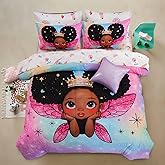 A Nice Night Black Girl Princess with Wings Comforter Set,Pink Gradient Glitter Rainbow Galaxy 6pcs Kids Bedding Set,Full