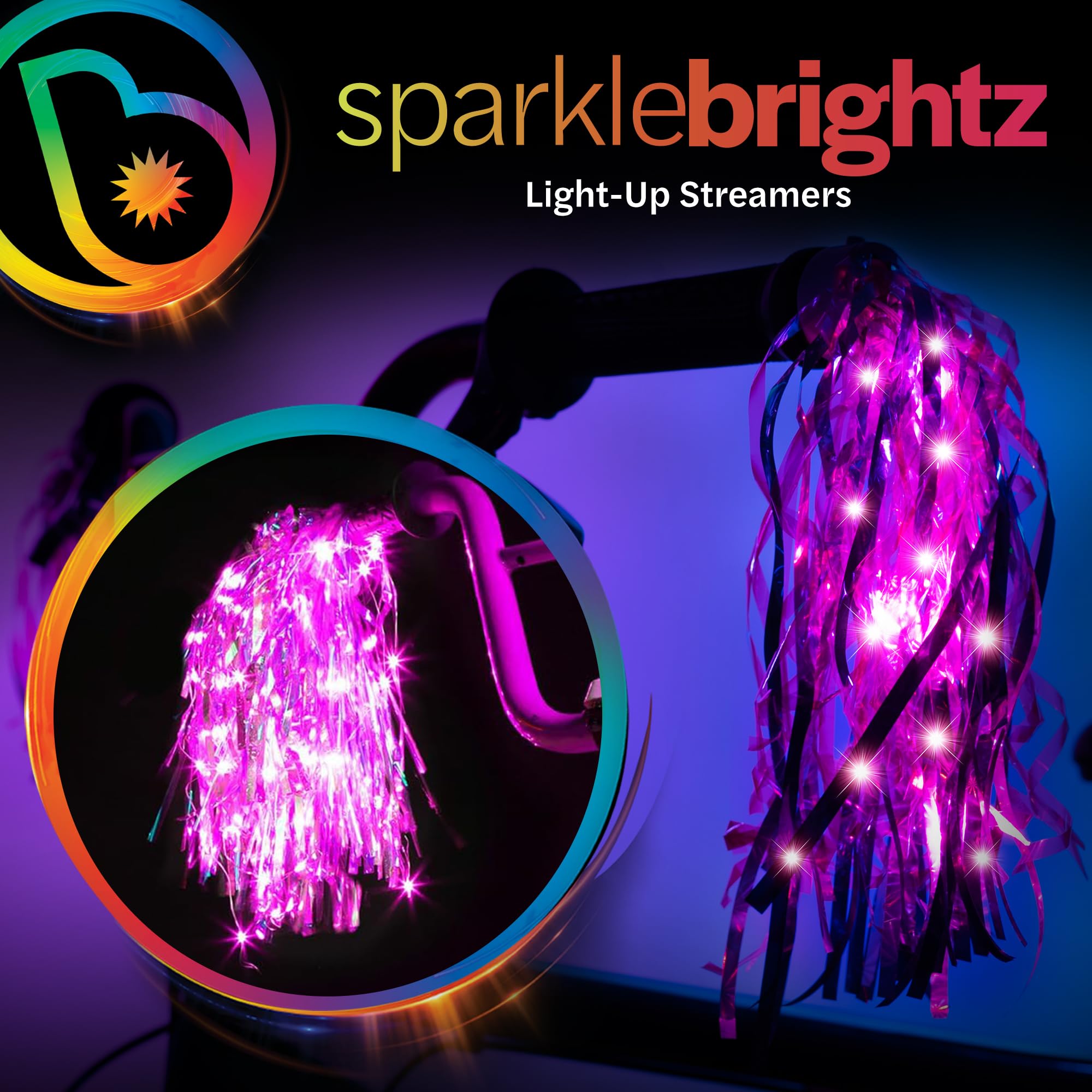 Brightz SparkleBrightz LED Light Up Bike Streamers, 2-Pack - LED Light Up Tassels for Bikes & Scooters - Add Glimmer & Shine to Your Handlebars - Batteries Included