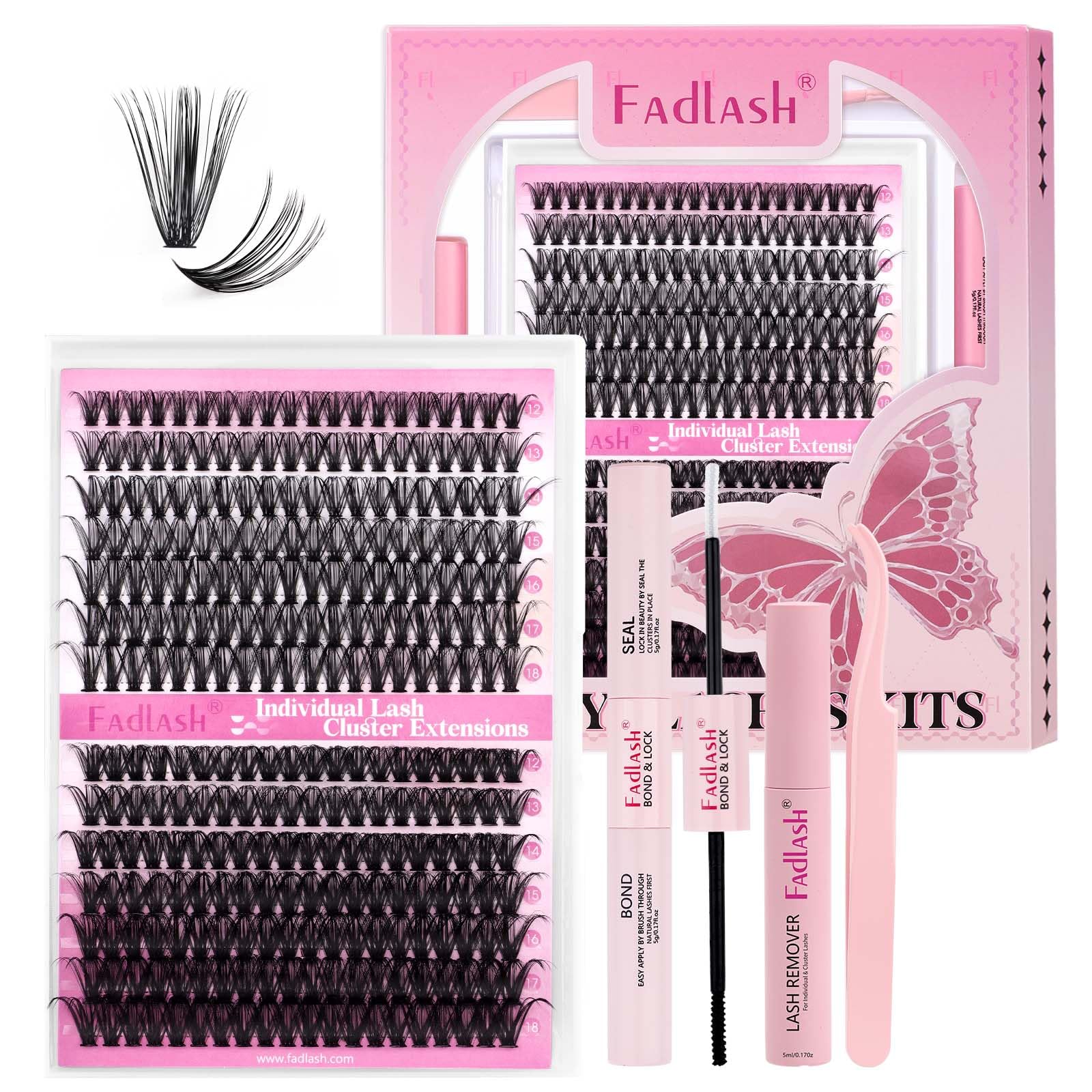 FADLASH 40D+50D 0.07mm D Curl 12-18mm with Bond and Seal, Remover and Tweezers Fluffy Wispy Cluster Lashes DIY Eyelash Extensions — image 1