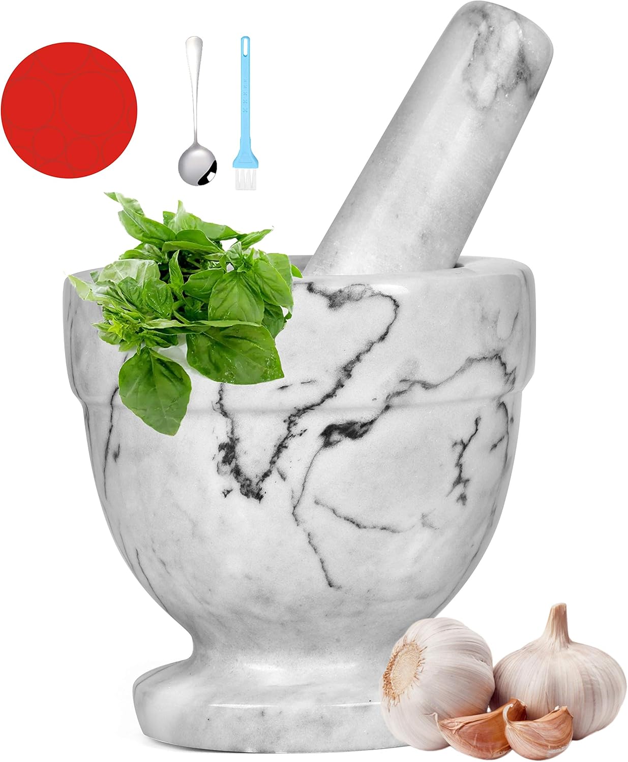 Mortar and Pestle Marble Set for Spices Pestos Seasonings Pastes Guacamole Bowl Herb Grinder Easy to Clean INCLUDED:Silicone Mat, Brush, Stainless Steel Spoon 4.33inch(Small, White Gray): Kitchen & Dining
