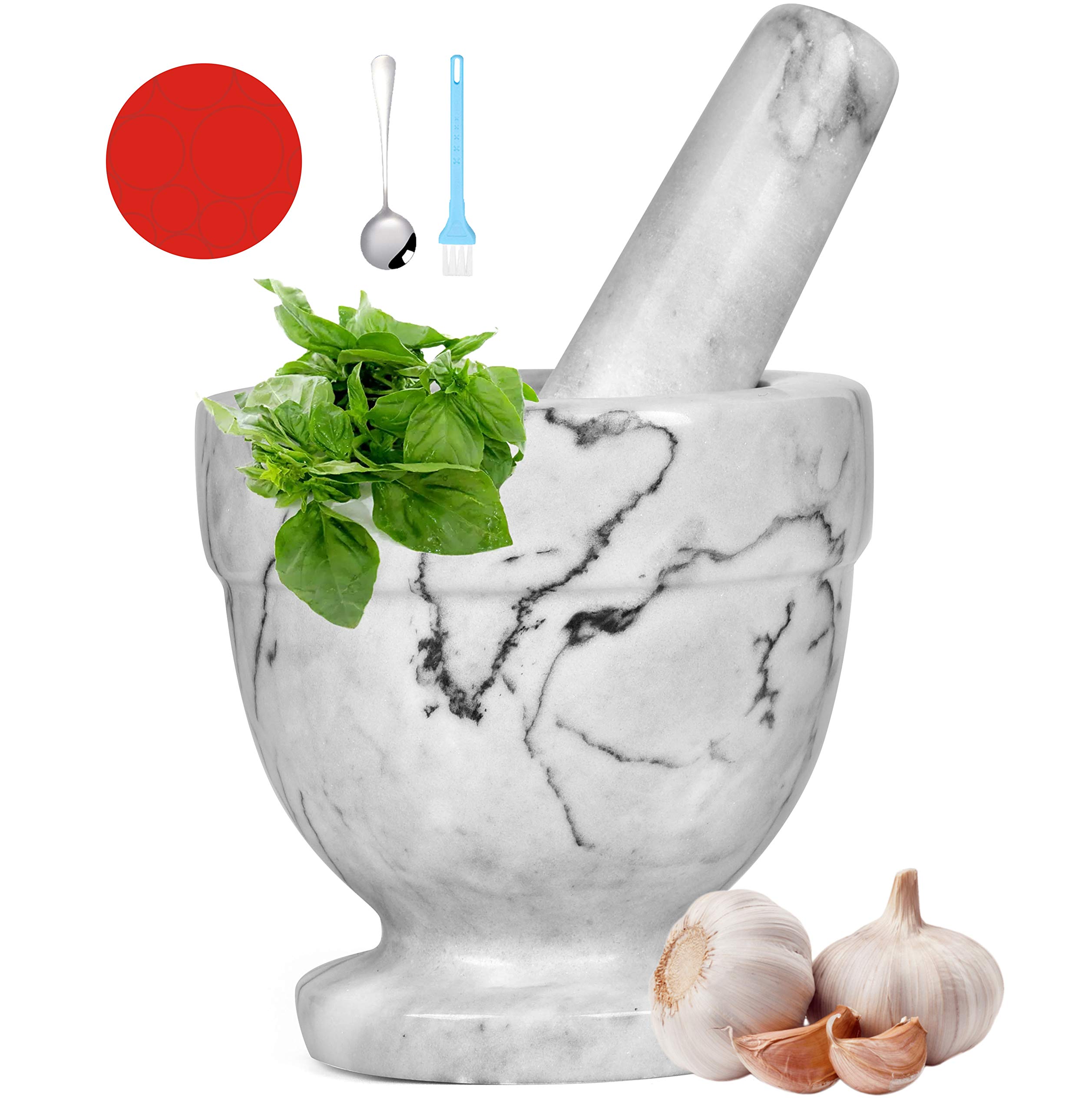 Mortar and Pestle Marble Set for Spices Pestos Seasonings Pastes Guacamole Bowl Herb Grinder Easy to Clean Included:Silicone Mat,Brush,Stainless Steel Spoon 11cm(4.33") (Small,White Gray)