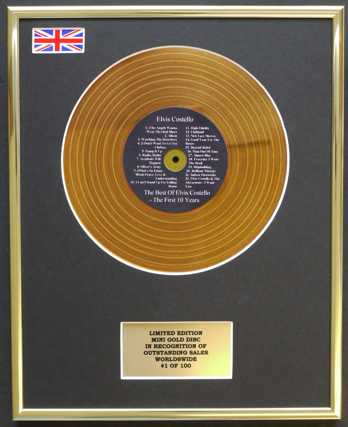 ELVIS COSTELLO/MINI GOLD DISC DISPLAY/LIMITED EDITION/COA/THE BEST OF ELVIS COSTELLO: THE FIRST 10 YEARS
