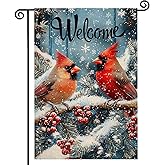 Winter Cardinal Garden Flag，12x18 Inch Double Sided Outside Cardinal Pine Twigs Berry Welcome New Year Yard Flag Farmhouse Outdoor Decor
