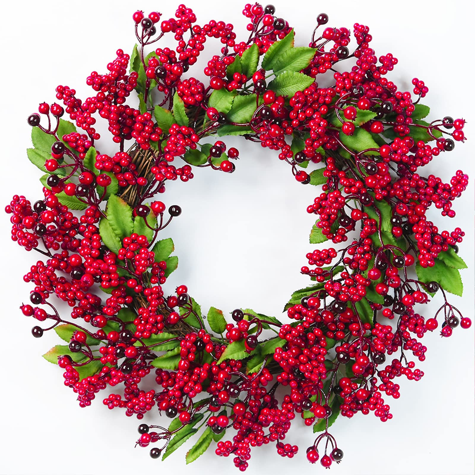 JYCRA 18 Inch Christmas Red Berry Wreath,Xmas Artificial Berries Wreath Lifelike Holly Winterberry Wreath for Home Christmas Decor