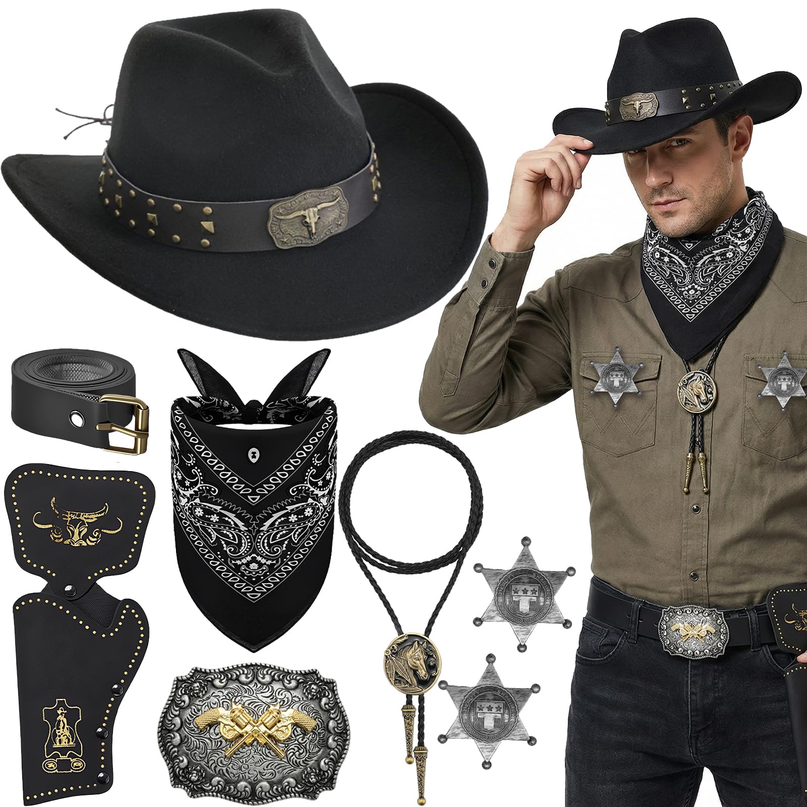 Wynlora 8Pcs Western Cowboy Costume Accessories Set, Wild West Cowboy Hat with Paisley Bandana Holster Belt Bolo Tie Necklace & Sheriff Badge for Men Theme Party Halloween Party