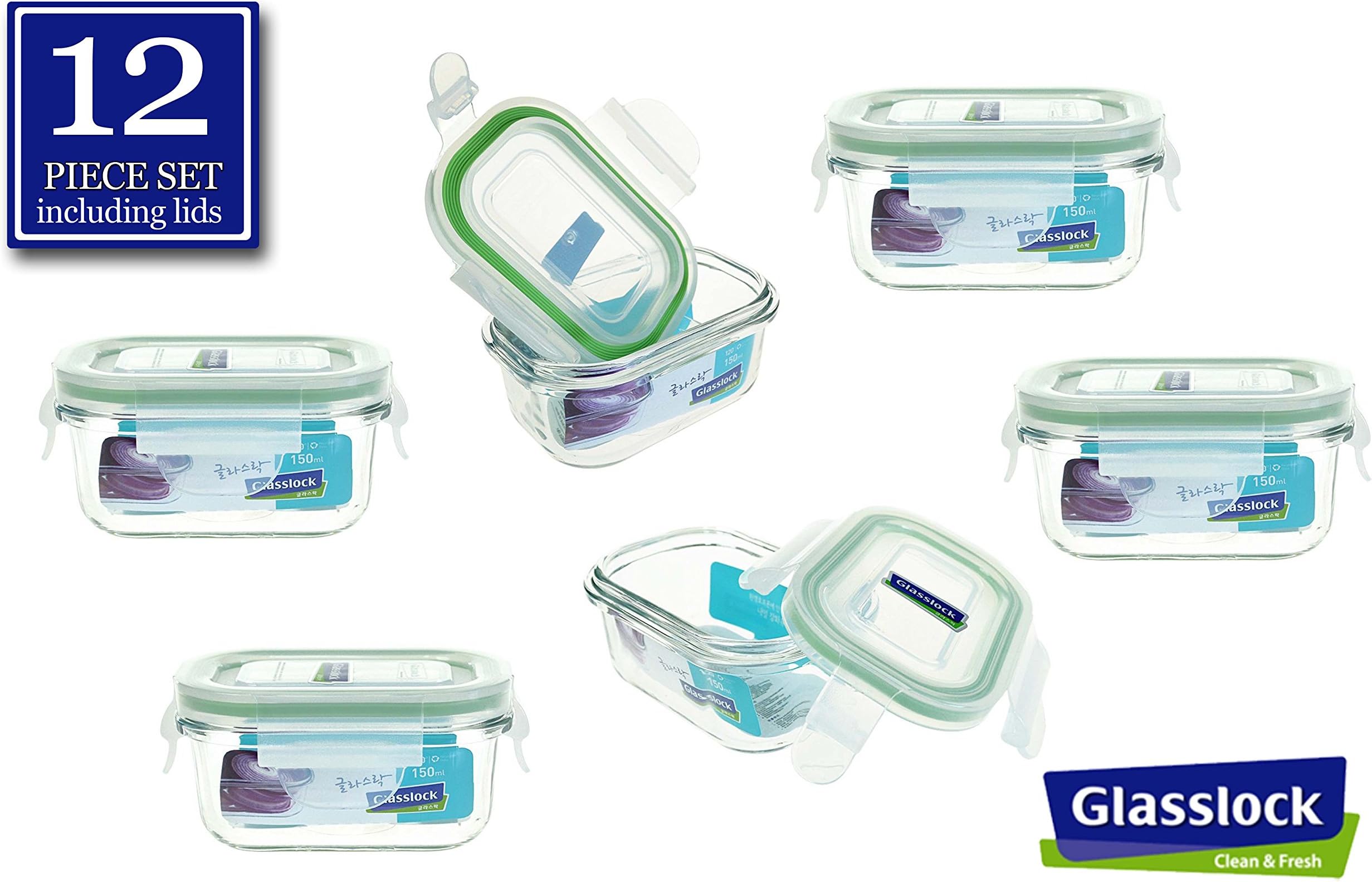 Glasslock RP520 5-Ounce/150ml Rectangular Glass Food-Storage Container with Locking Lids - 12pc sets