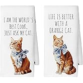 CUANFDDSF Funny Chinoiserie Bow Cat Kitchen Towels, Orange Cats Lovers Gifts for Women, Funny Kitchen Accessories, Life is Better with a Cat Decoration Tea Towel Hand Towels 16x24 Inch