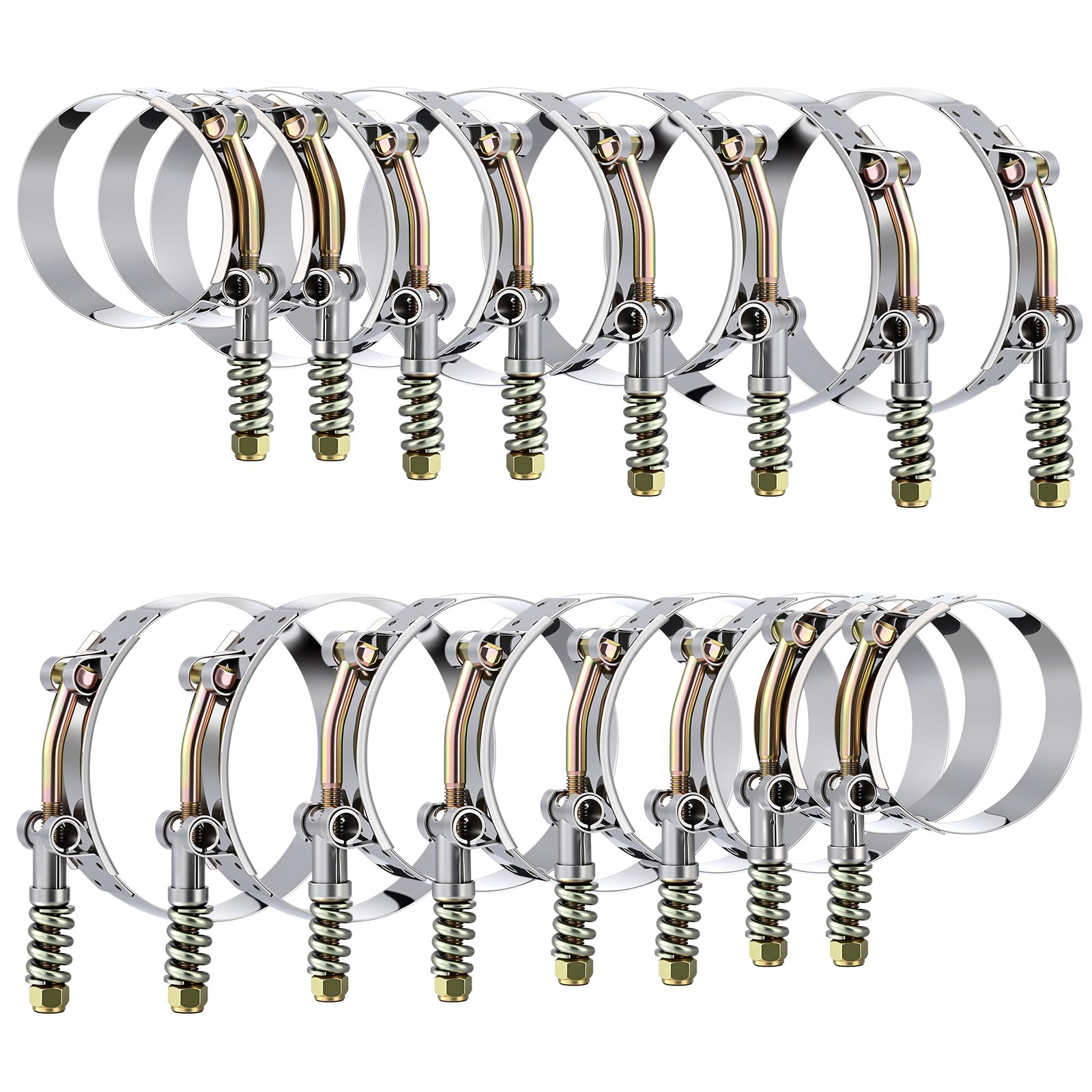 Photo 1 of 16 Pack T-bolt Hose Clamps with Reinforcement Spring 4 Sizes Stainless Steel Turbo Intake Intercooler Constant Tension Radiator Pipe Clamp Working Range 50-91mm for 1.75-3" Hose ID for Automotive