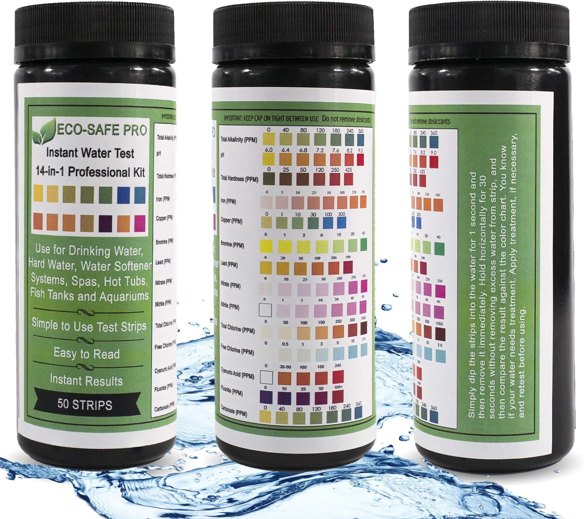 Water Test Strip Kit - 14 in 1, 14-Way for Drinking Water Quality, Way Water, Hard Water and Total Hardness, Water Softener Systems, Spas, Hot Tubs, Fish Tanks and Aquariums. Easy Professional Results