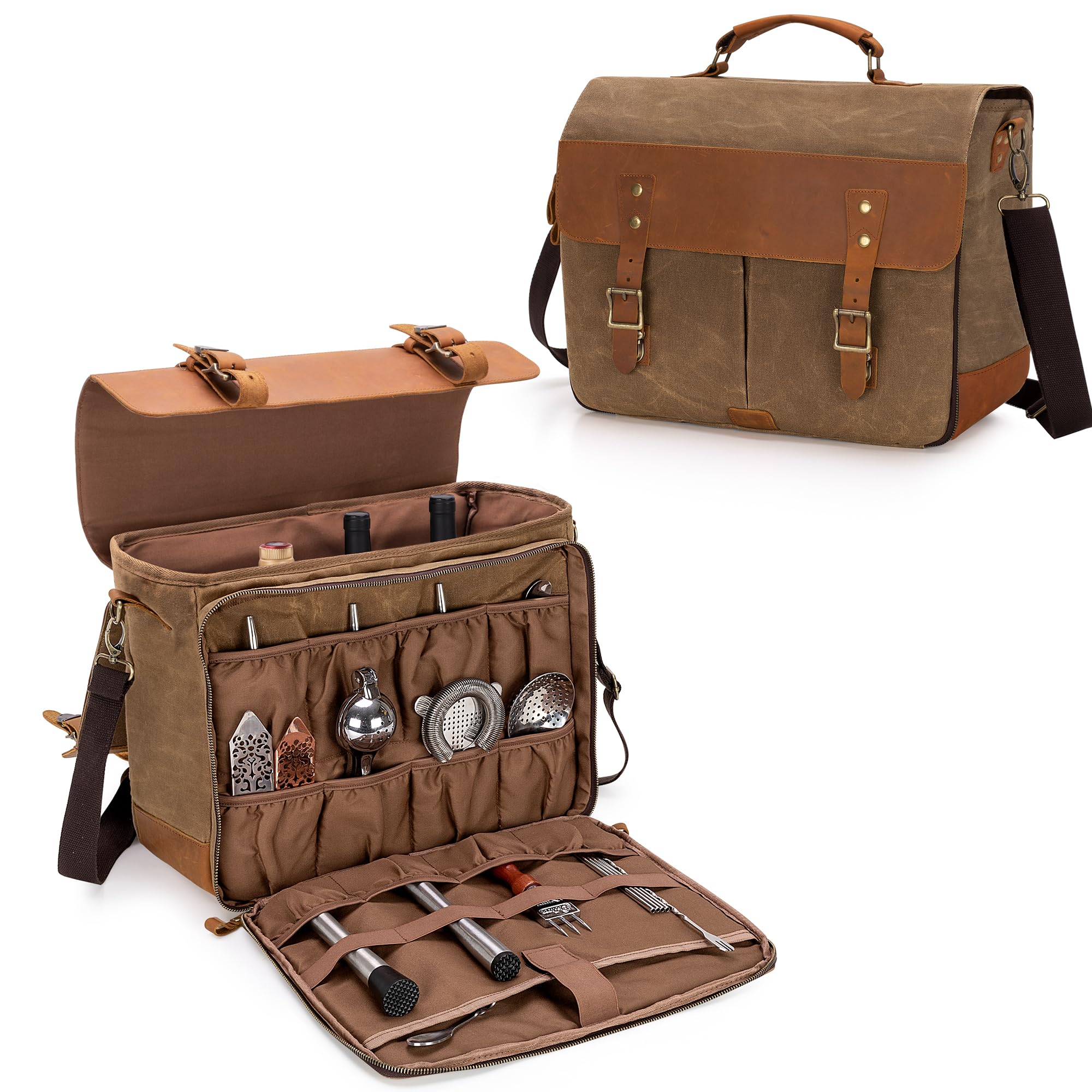LoDrid Vintage Bartender Kit with Flexible Compartments and Removable Dividers - Leather Waxed Canvas Bar Bag with Handle and Shoulder Strap