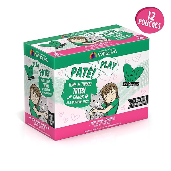 WERUVA B.F.F. PLAY – BEST FELINE FRIEND PATÉ LOVERS, AW YEAH!, TUNA & TURKEY TOTES! WITH TUNA & TURKEY, 3OZ POUCH (PACK OF 12)