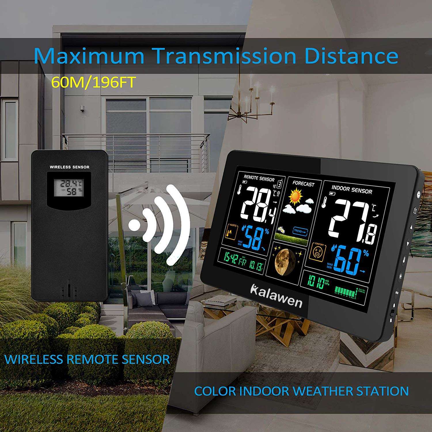 Kalawen Wetterstation mit Außensensor Innen und Außen 9-IN-1 Wireless Digital Wecker Barometer Weather Station Temperatur-Feuchtigkeits-Monitor Wettervorhersage für Zuhause Hausgarten Büro 4
