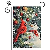 Winter Snowman Snowflake Christmas Garden Flag for Outside, Cardinal Red Bird Welcome Yard Flag 12x18 Inch Double Sided Burlap Holiday Farmhouse Outdoor Flag Home Decoration