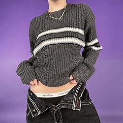 Women Y2K Argyle Striped Pullover Sweater Casual