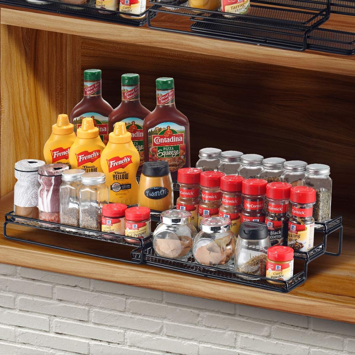 3 Tier Expandable Cabinet Spice Rack Organizer - Step Shelf with Protection Railing (12.5 to 25"W), Black: Home Improvement