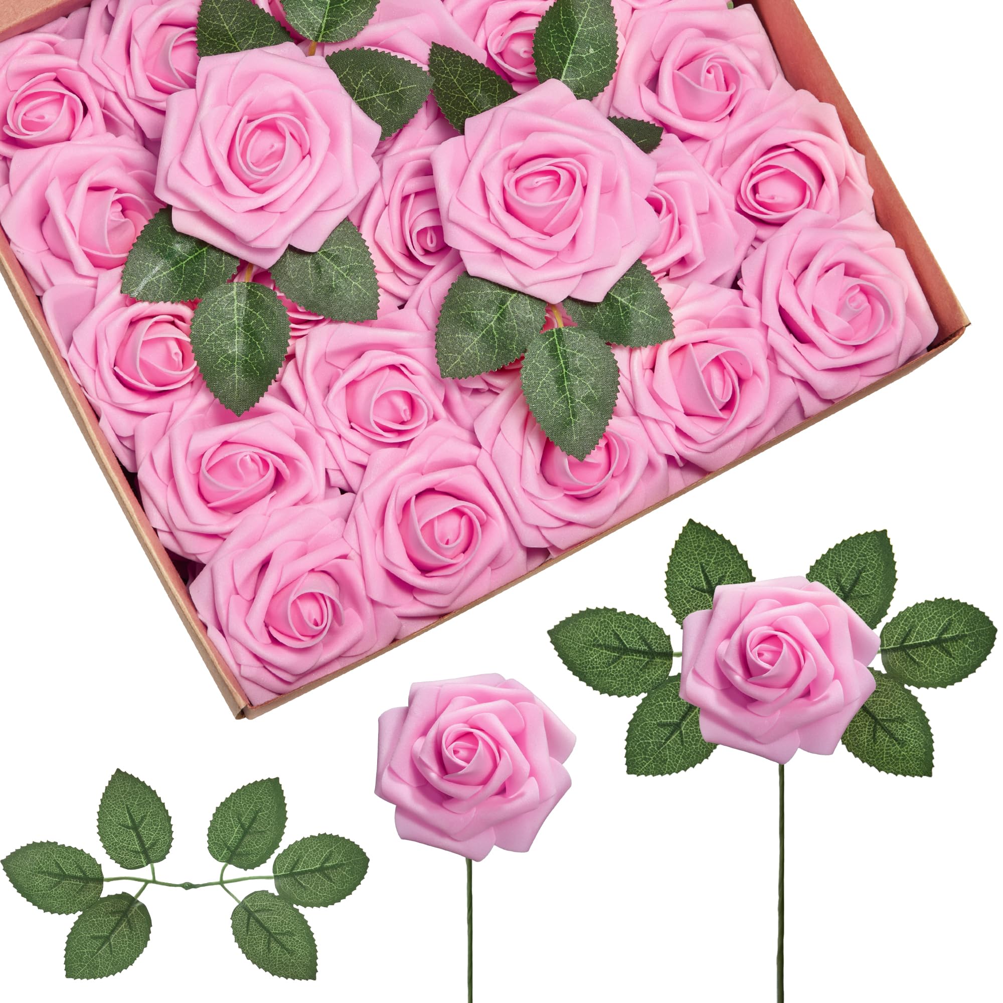 Photo 1 of InnoGear Artificial Flowers, 50 Pcs Pink Foam Fake Roses Bulk with Stems for Decoration DIY Wedding Bouquets Centerpieces Bridal Shower Party Valentines Christmas Tree