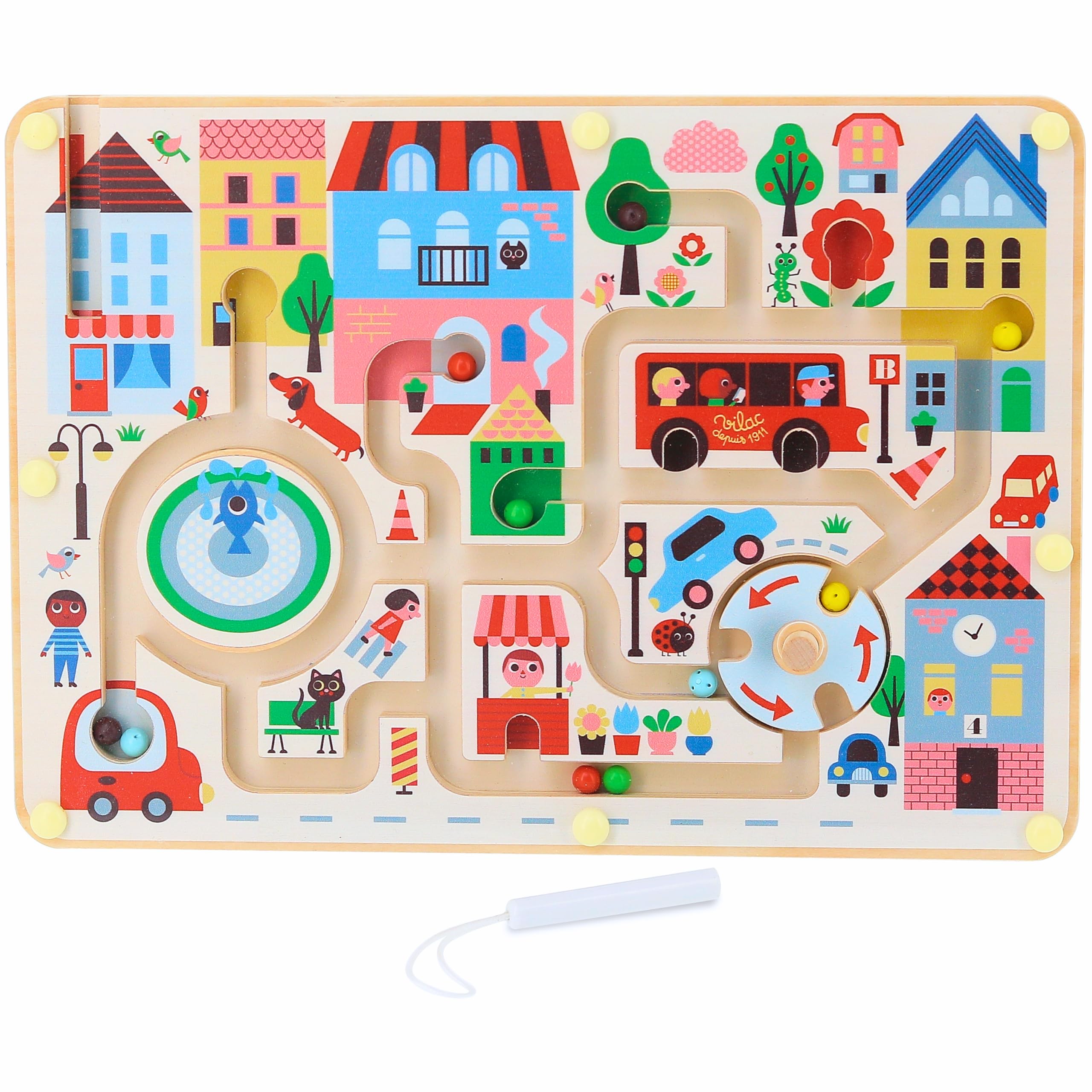 Vilac Wooden Magnetic Maze Puzzle, Marbles Protected Under Plexiglass, Has 1 Stylus, Matching and Logic Montessori Game, Fine Motor Skills, 2 Yrs+, 30 x 3 x 22 cm, My Little Town By Ingela P.Arrhenius