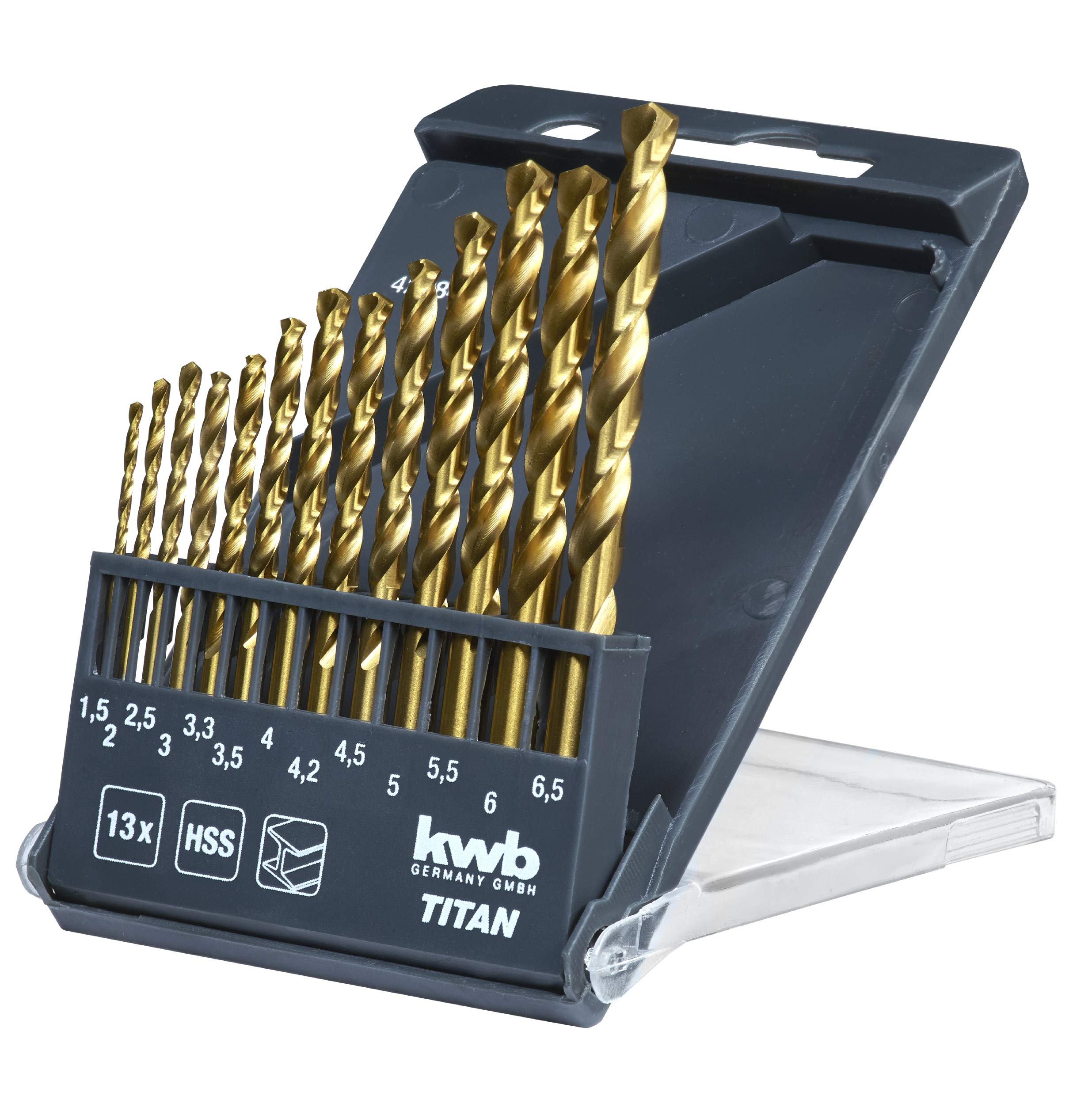 kwb KRAFTIXX HSS Twist Drill Set, Titanium nitrided - Drill Set, 13 Pieces, Ø 1.5 to 6.5 mm (Pitch 0.5 mm) and 3.2 and 4.8 mm