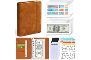 LINTRU Budget Binder with Zipper Envelopes, Budget Book with Cash Envelopes, Premium Pu Leather A6 Binder with Expense Budget Sheets and Stickers, Savings Binder for Budgeting (Brown)