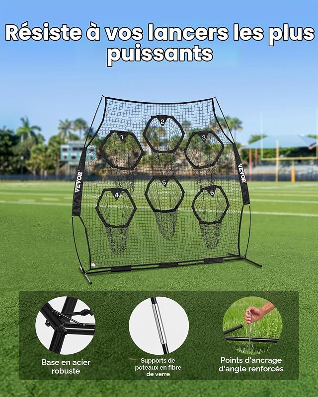 Filet d'entraînement pour Football 274 x 243 cm, Filet de Lancer de Rugby avec 6 Poches pour cibles, sans nœuds, Sangles et étui de Transport Inclus, pour améliorer la précision de Lancer, Noir