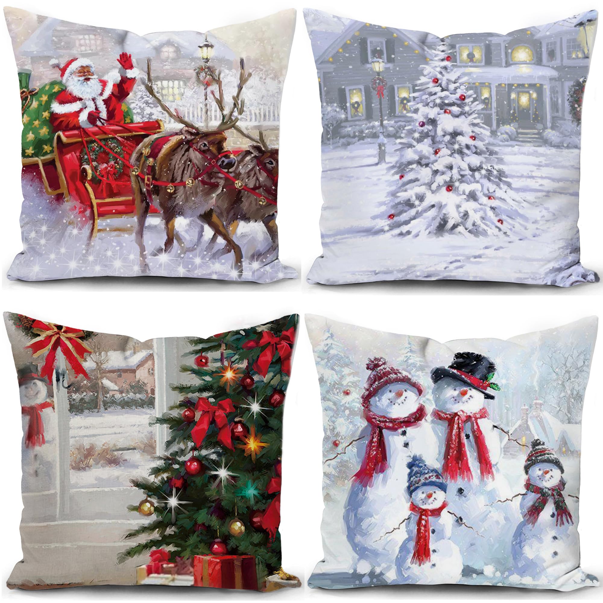 KUNQIAN Christmas Cushion Covers Xmas Cushions Santa Claus Snowman Silver White Winter Pillow Cover 18x18 Inch Set of 4 Throw Pillow Case Christmas Decorative For Sofa Living Room Home Linen Square — image 1
