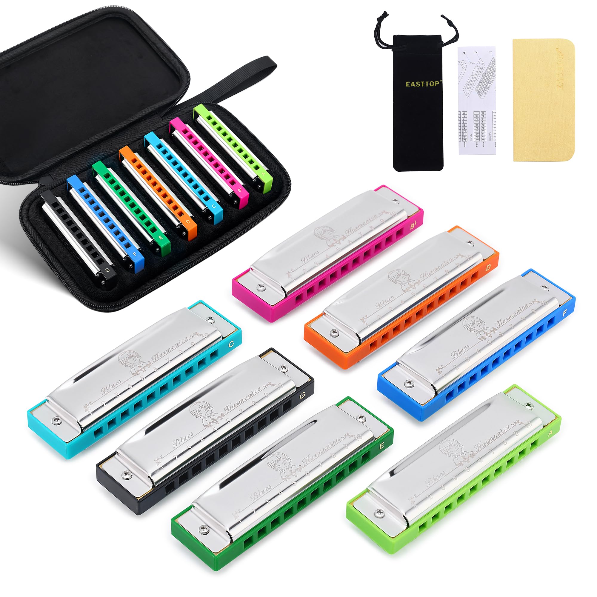 East top Harmonica Set of 7, 10 Holes 7 Colors Diatonic Blues Harmonica Set For Adults, Professionals and Students, as a Gift