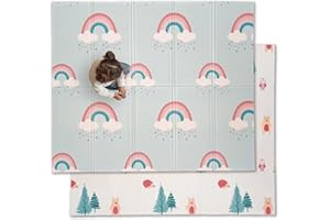 JumpOff Jo Baby Play Mat - Large Folding Foam Play Mat for Infants, Babies, Toddlers, Waterproof, Double-Sided (70" x 59") - Woodland Rainbow