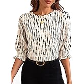 winkbay Women's Puff 3/4 Sleeve Graphic Blouse Ruffle Crew Neck Work Office Shirts