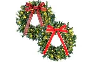 Tigeen 2 Pcs 24 Inch Lights Christmas Wreath with Bow Prelit Front Door Artificial Wreath for Outside Indoor Wall Window Festival Decor(Christmas)